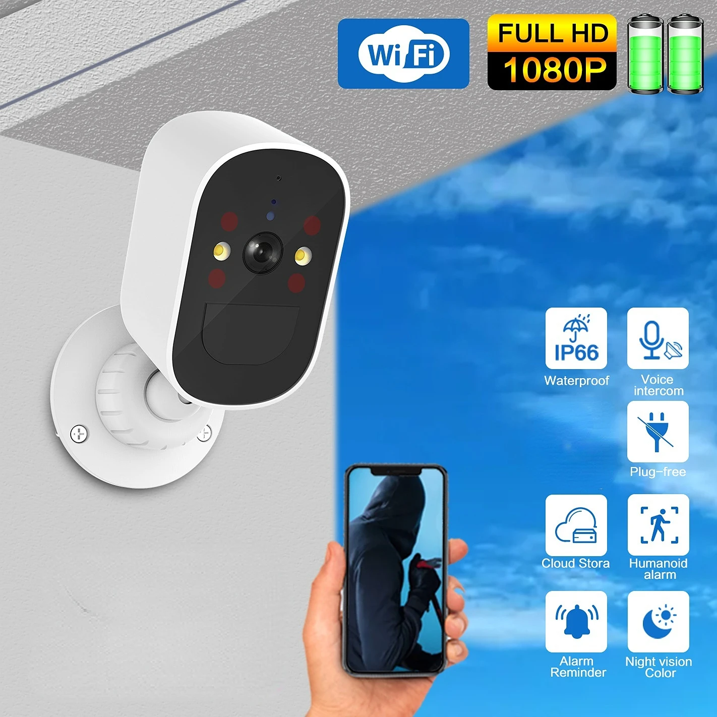 1080P WiFi Camera Outdoor Wireless Battery Powered Bullet Security Camera Two Way Audio CCTV IP Camera Cloud Storage
1080P WiFi Camera Outdoor Wireless Battery Powered Bullet Security Camera Two Way Audio CCTV IP Camera Cloud Storage