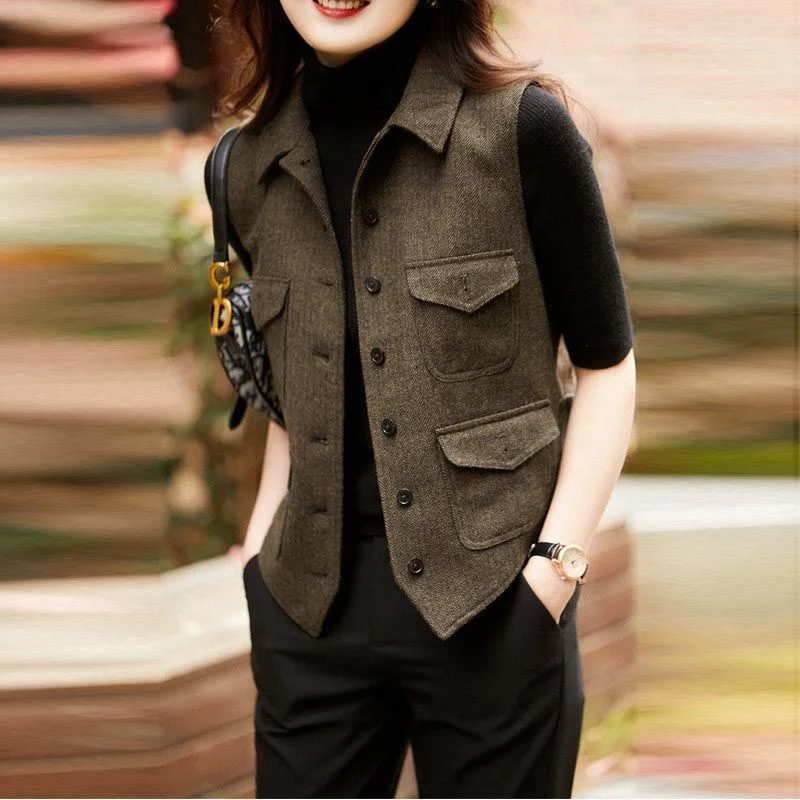 Women's Suit Vest Brown Pockets Patch Wool Tweed Casual Waistcoat Jacket Casual Slim Fit Gilet Homme Vests For Women 
Women's Suit Vest Brown Pockets Patch Wool Tweed Casual Waistcoat Jacket Casual Slim Fit Gilet Homme Vests For Women