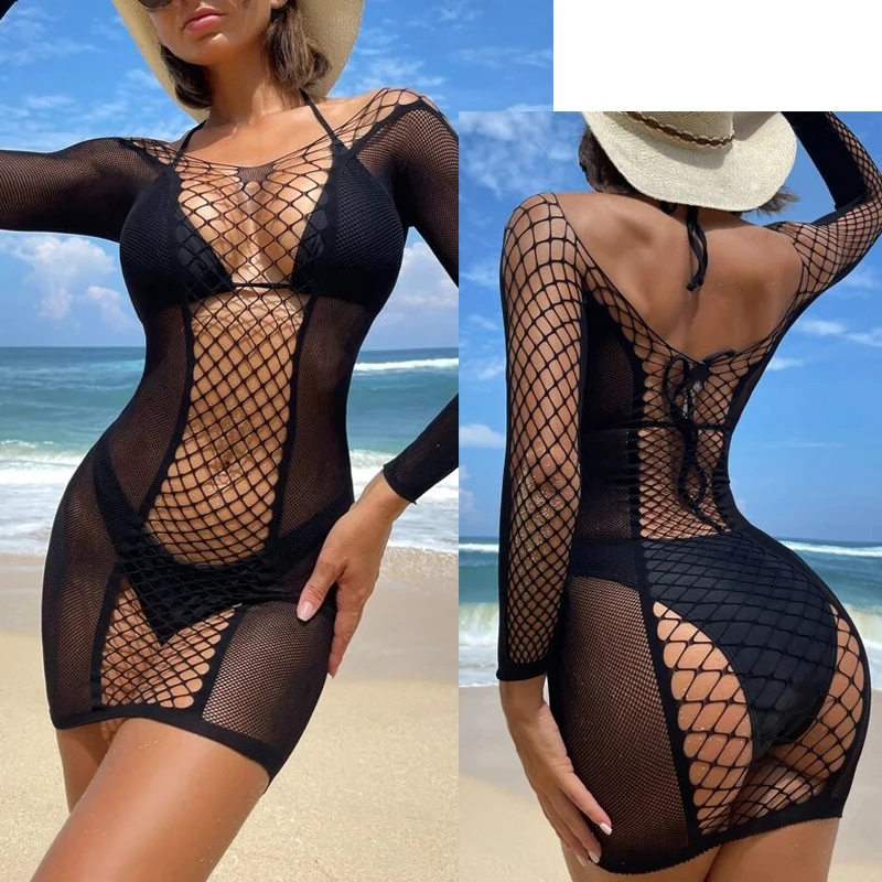 Sexy Women Beach Dress Fishnet Long Sleeves Bathing Suit Cover Up Sheer Bikini Vestido Swimwear Clubwear Mini Beach Wear Qq120
Sexy Women Beach Dress Fishnet Long Sleeves Bathing Suit Cover Up Sheer Bikini Vestido Swimwear Clubwear Mini Beach Wear Qq120