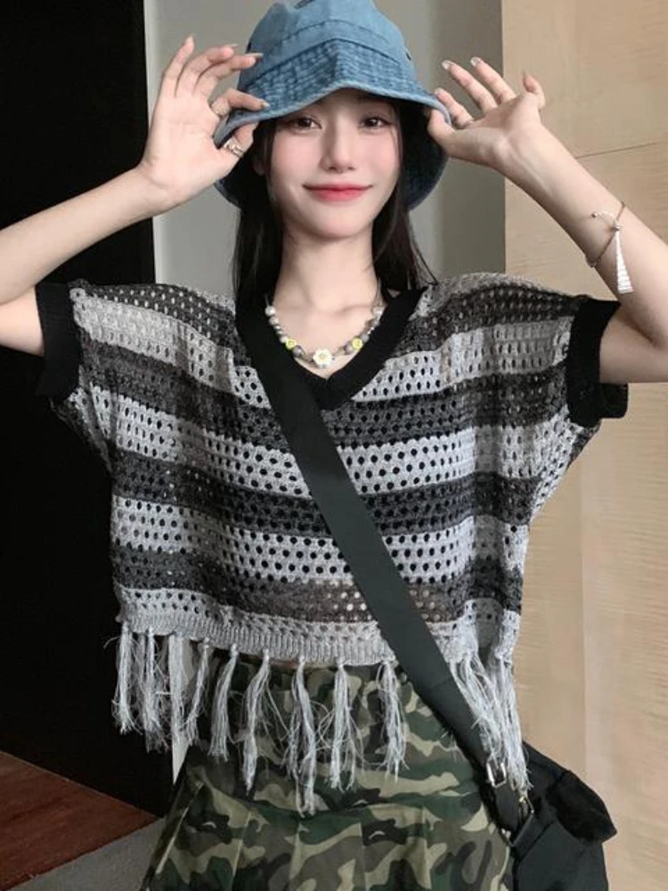 Summer Tassel Striped Knitted Tops Hollow Out V Neck Short Sleeve Pullovers Streetwear Fashion Vintage Casual Loose Jumpers 2022
Summer Tassel Striped Knitted Tops Hollow Out V Neck Short Sleeve Pullovers Streetwear Fashion Vintage Casual Loose Jumpers 2022