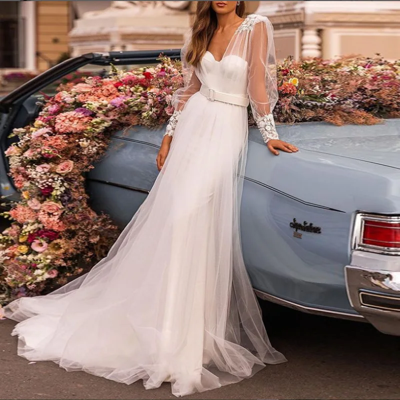 Elegant Wedding Dress Sashes Puff Sleeve V-Neck Tulle Exquisite Appliques A-Line Prom Gown 2022 Vestido De Novia For Women
Elegant Wedding Dress Sashes Puff Sleeve V-Neck Tulle Exquisite Appliques A-Line Prom Gown 2022 Vestido De Novia For Women