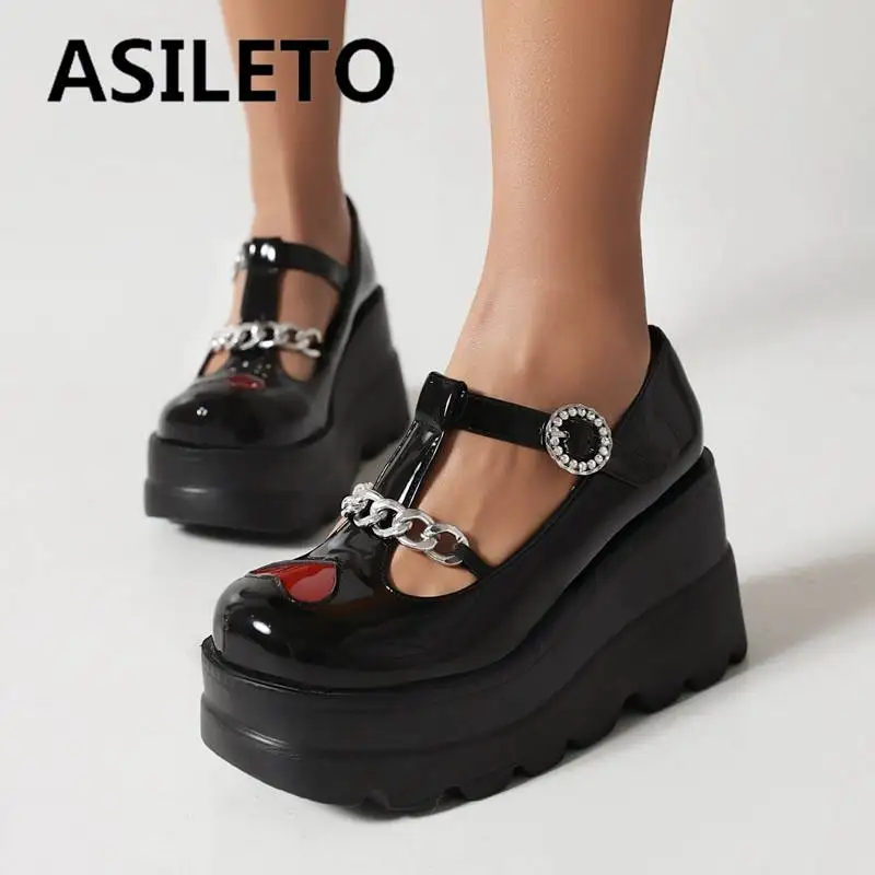 ASILETO Luxry Shoes For Women Pumps Round Toe Wedges Heels 9cm Platform Hill 5cm T-Strap Chain Punk Fashion 41 42 43 Big Size
ASILETO Luxry Shoes For Women Pumps Round Toe Wedges Heels 9cm Platform Hill 5cm T-Strap Chain Punk Fashion 41 42 43 Big Size