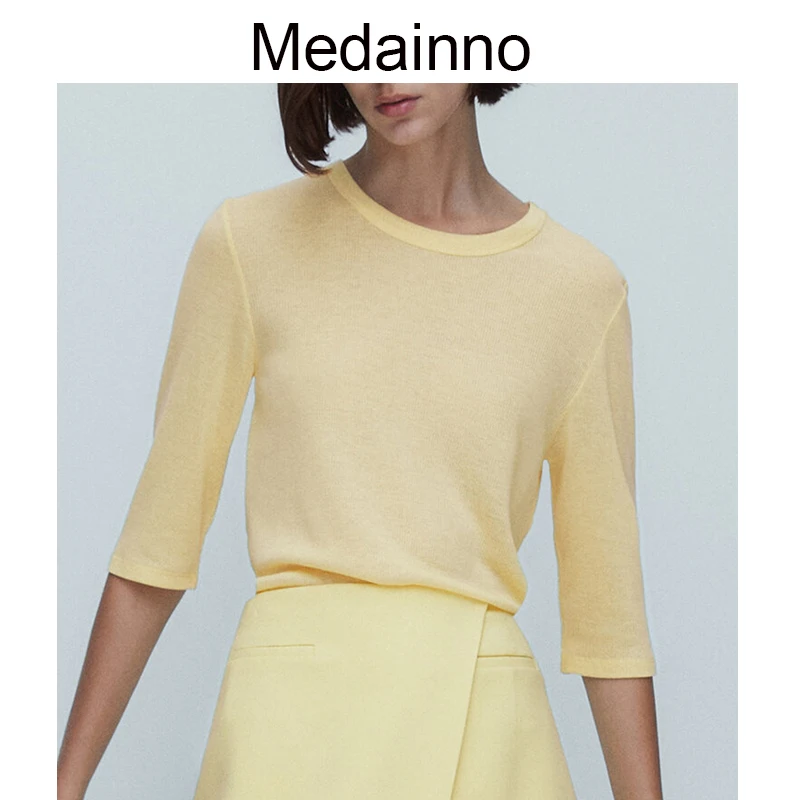

Medainno 2022 Early Autumn New Fashion Women Short Sleeve Ribbing T-shirt Solid Color Casual Wild Simple Tops Female Chic
