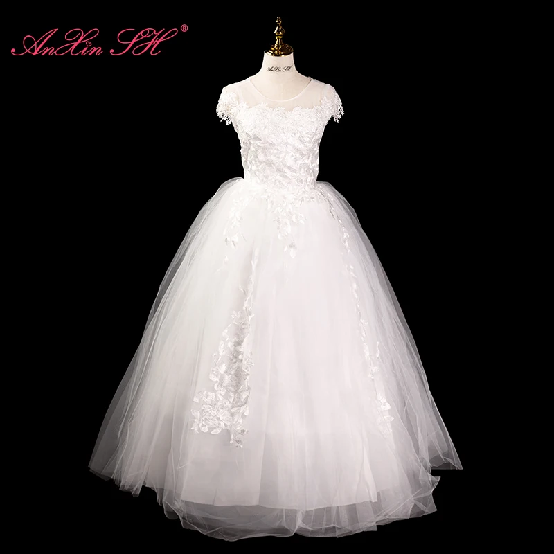 

Белое Кружевное бальное платье принцессы AnXin SH в стиле французского ретро с цветочным кружевом и круглым вырезом, иллюзионное с коротким рукавом, на шнуровке, простое свадебное платье невесты