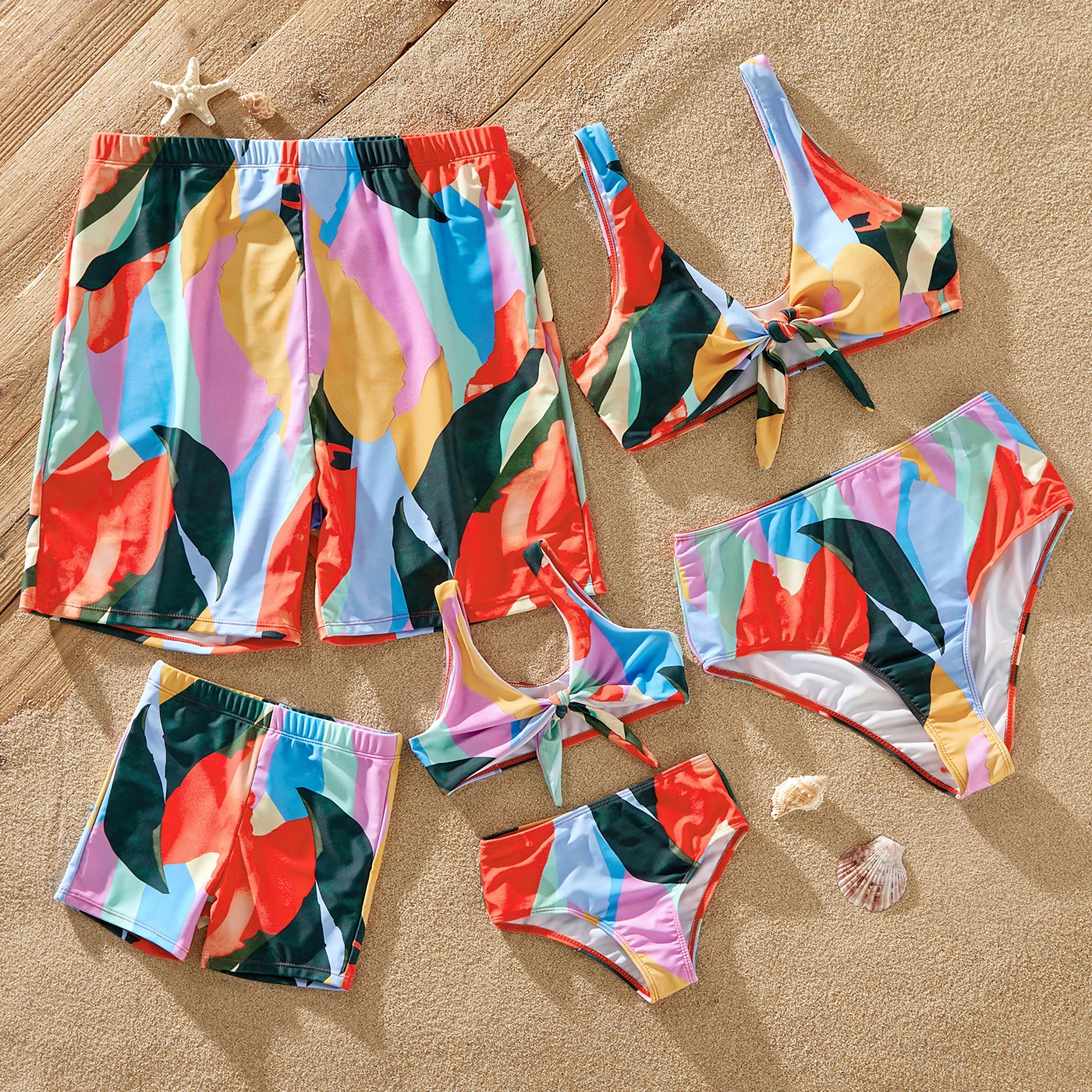 

PatPat Family Matching Allover Colorful Geo Print Knot Front Two-piece Bikini Set Swimsuit or Swim Trunks Shorts