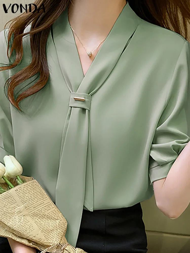 

Летние топы VONDA 2023, модная женская Повседневная шифоновая блузка с коротким рукавом, рубашки с завязкой, свободная однотонная туника, женски...