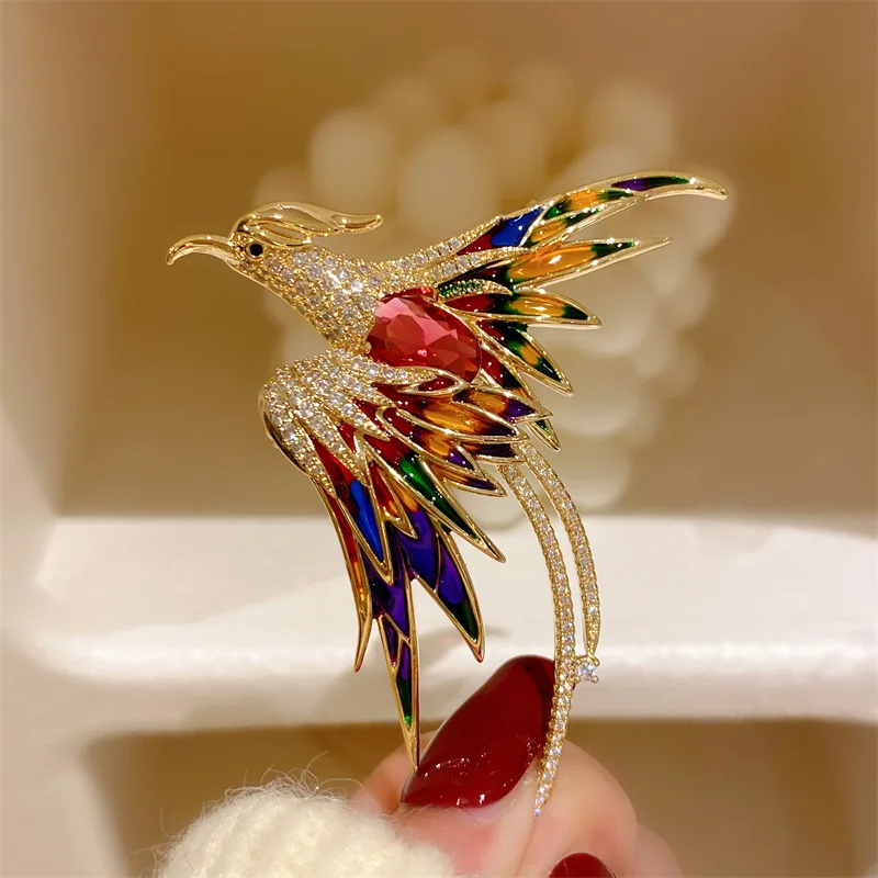 

New Crystal Fire Phoenix Bird Brooches for Women Men 5-color Enamel Flying Beauty Bird Party Office Brooch Pin Gifts
