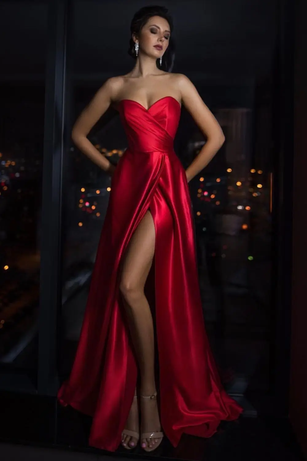 

YL Formal Sweetheart Neck Evening Dress For Women Sexy Red Satin High Slit Celebrity Gowns A-Line Sweep Train vestido de gala