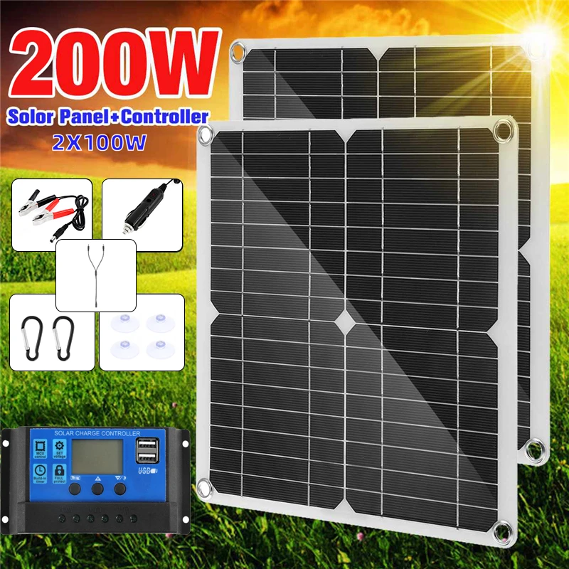 

Комплект солнечных панелей dc18в 200 Вт с контроллером 60A, USB 5 В, зарядное устройство на солнечной энергии, аккумулятор для портативного зарядного устройства, Солнечная пластина для кемпинга, автомобиля, лодки, домов на колесах