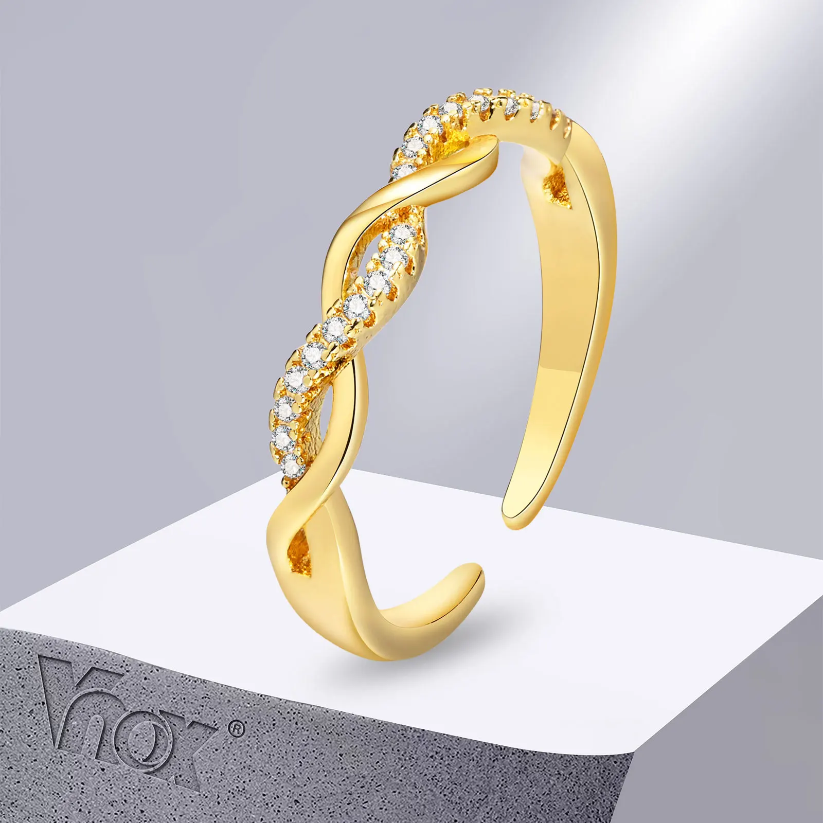 

Vnox 3mm Twisted Ring for Women, Gold Plated Stainless Steel Finger Band with AAA CZ Stone, Elegant Resizable Ring