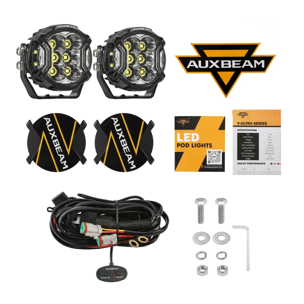 AUXBEAM V-ULTRA SERIES 3-дюймовые светодиодные фары дальнего света 108 Вт 12800LM Pod Light Spot + Hyper Beam Янтарный DRL с черной крышкой корпуса
AUXBEAM V-ULTRA SERIES 3-дюймовые светодиодные фары дальнего света 108 Вт 12800LM Pod Light Spot + Hyper Beam Янтарный DRL с черной крышкой корпуса