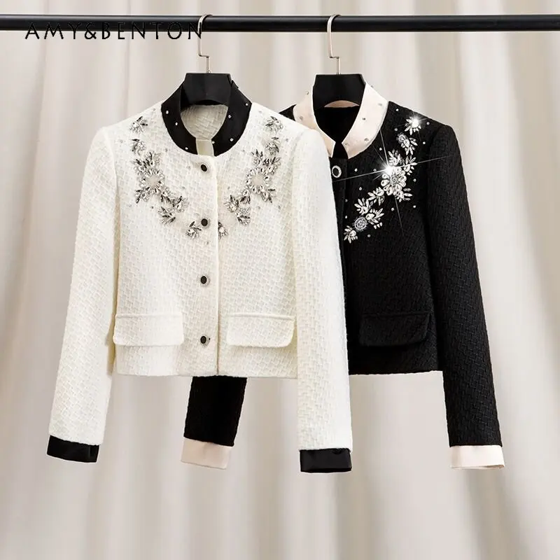 Heavy Industry Manual Beads Rhinestones Tweed Stand Collar Coat for Wonen Short Solid Color Jackets for Ladies Spring and Autumn
Heavy Industry Manual Beads Rhinestones Tweed Stand Collar Coat for Wonen Short Solid Color Jackets for Ladies Spring and Autumn