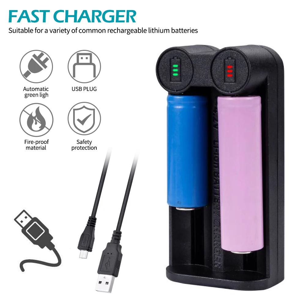 

18650 USB Battery Charger 2-Slot Universal Smart Charging 4.2V 26650 18350 32650 21700 26500 Li-ion Rechargeable Battery Charger