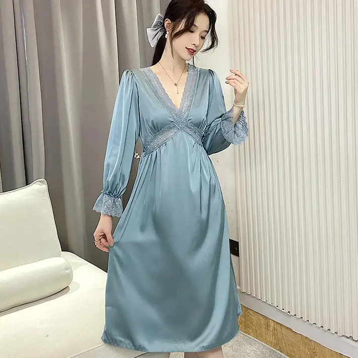 Satin Silky Nightdress Women Lace V-Neck Sleepwear Long Sleeve Nightgown Sexy Chemise Nightwear Perspective Home Dressing Gown
Satin Silky Nightdress Women Lace V-Neck Sleepwear Long Sleeve Nightgown Sexy Chemise Nightwear Perspective Home Dressing Gown