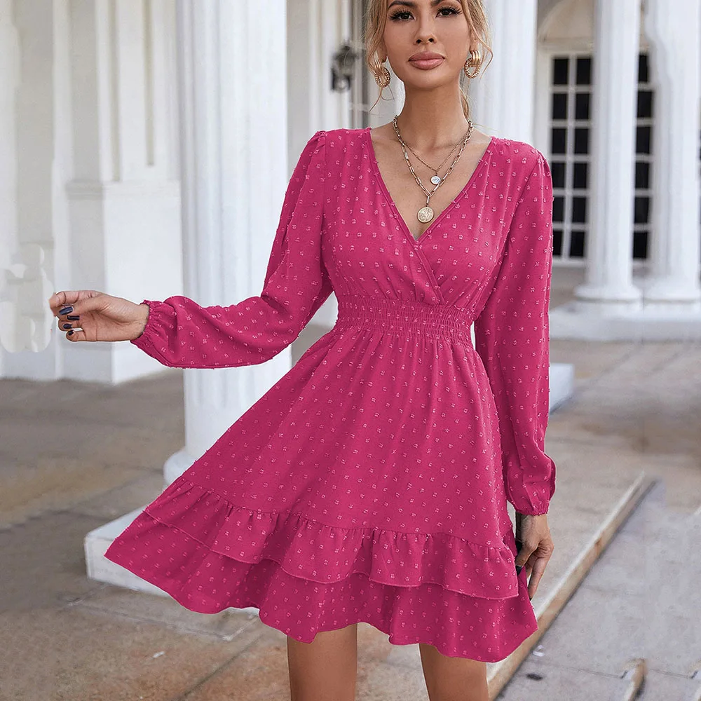 

Женское шифоновое платье А-силуэта, розовое модное платье с V-образным вырезом, оборками и длинным рукавом-фонариком, весна-осень 2022