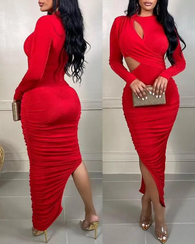 Cutout Split Hem Ruched Bodycon Dress Fashion Women's Clothing O-Neck Plain Maxi Slit Skinny Sexy Party Dresses Wedding Guest 
Cutout Split Hem Ruched Bodycon Dress Fashion Women's Clothing O-Neck Plain Maxi Slit Skinny Sexy Party Dresses Wedding Guest
