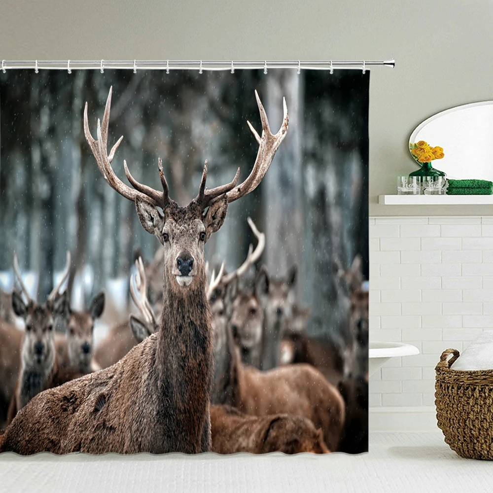 

Deer Wild Animals Shower Curtains with Hooks Waterproof Elk 3d Bathroom Shower Curtains Decoration Washable Bath Curtain Screen