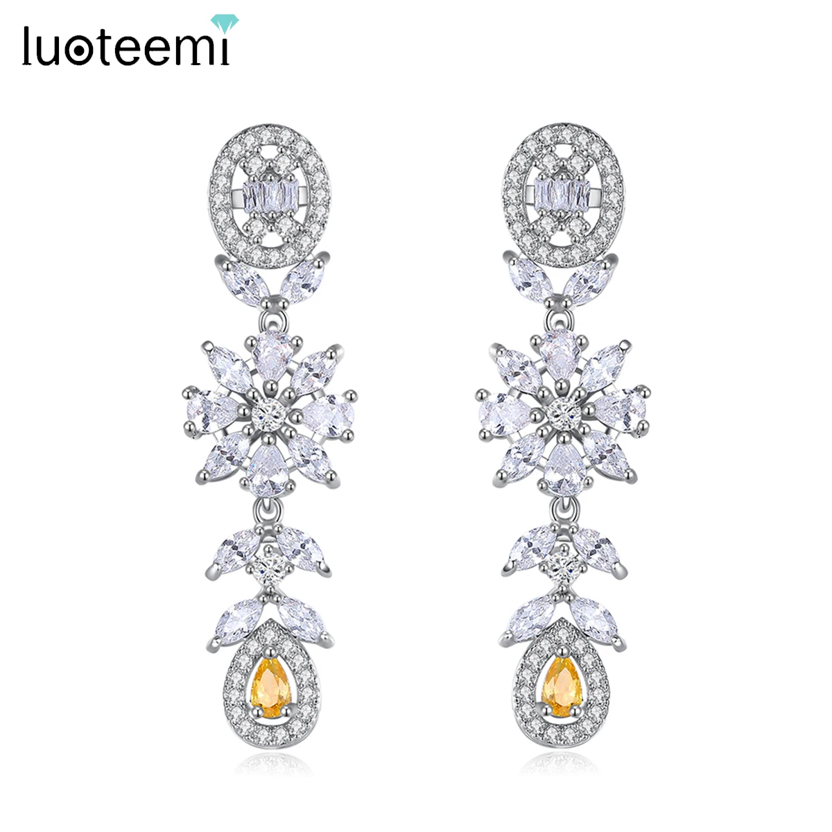 

LUOTEEMI Trending Luxury 2022 Cubic Zirconia Flower Drop Earring for Women Big Geometric Wedding Bridal Fashion Accessories