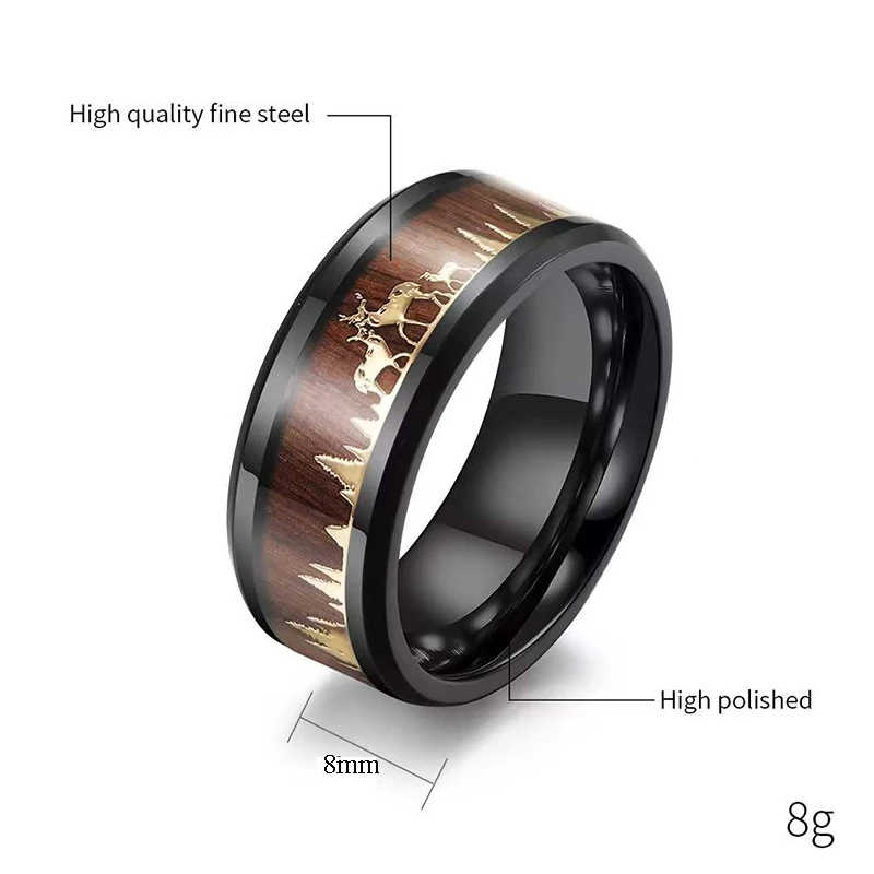 

NANDESI 8MM Men's Ring High Quality Black Tungsten Hunting Ring Wedding Band Wood Inlay Deer Stag Silhouette Ring