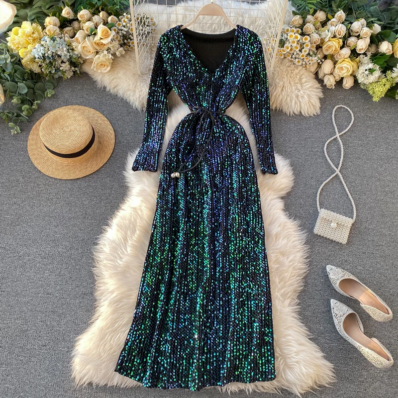 2022 Sequined Bling Women Dresses Spring 2022 Elegant V Neck Long Sleeve Vestidos Fashion Sashes Slim Waist Party Dress 80508
2022 Sequined Bling Women Dresses Spring 2022 Elegant V Neck Long Sleeve Vestidos Fashion Sashes Slim Waist Party Dress 80508