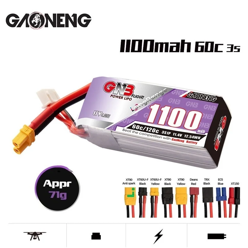 Original GNB 11.4V 1100MAH Lipo Battery For Full Speed Tiny Leader RC FPV Racing Drone Helicopter 11.4V Battery XT30/XT60 Plug
Original GNB 11.4V 1100MAH Lipo Battery For Full Speed Tiny Leader RC FPV Racing Drone Helicopter 11.4V Battery XT30/XT60 Plug