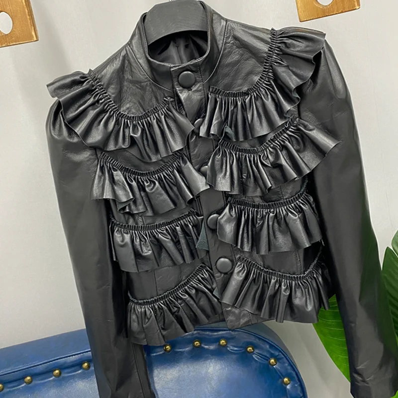 2023 Stand Collar Pleated Ruffles Short High Waist Jacket Women Real Leather Sheepskin Cropped Coat Brand Fashion Slim Jackets
2023 Stand Collar Pleated Ruffles Short High Waist Jacket Women Real Leather Sheepskin Cropped Coat Brand Fashion Slim Jackets