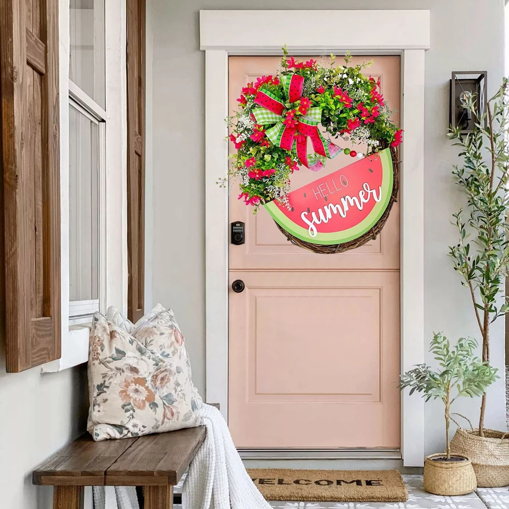 

Летний венок, украшение для входной двери, висячая гирлянда, весенне-летние украшения в форме арбуза, Знак Приветствия для дома, улицы, сада