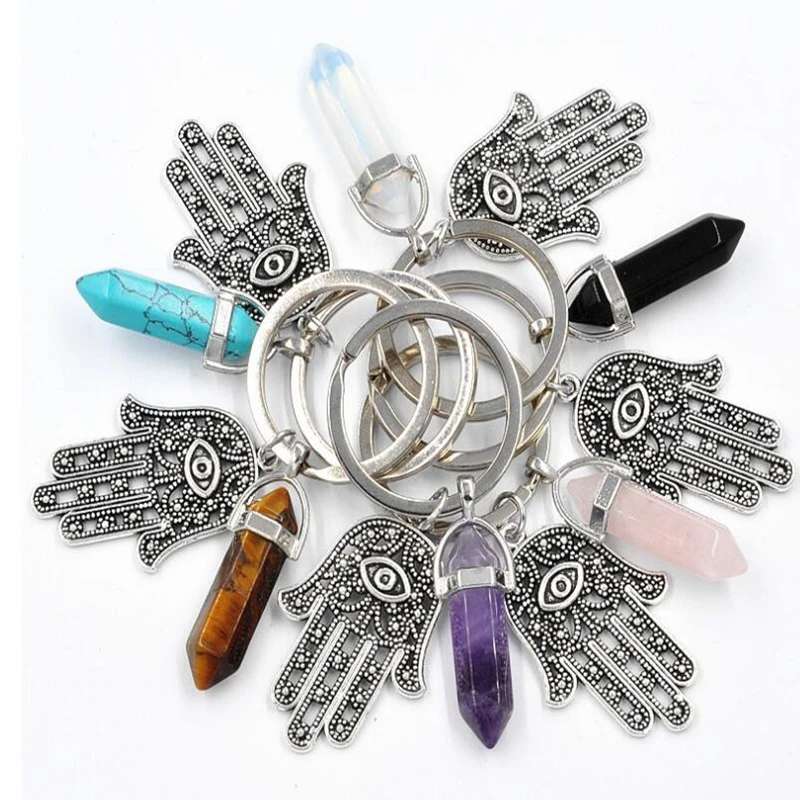

Natural Stone Hexagonal Bullet Reiki Chakra Keychain Evil Eye Fatima Key Chains Gem Crystal Pendant Keyring Jewelry Party Lovers