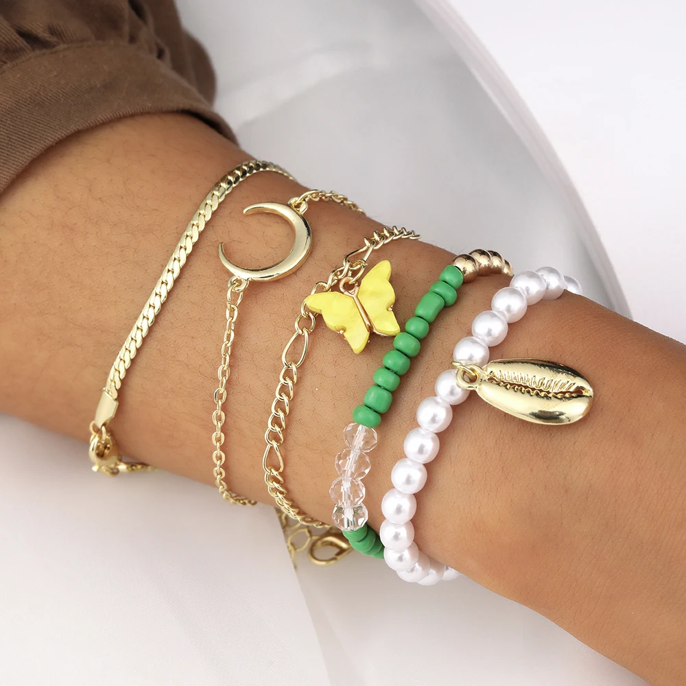 Boho Bead Bracelets for Women White Pearls Summer Beach Sea Shell Butterfly Moon Pandents Chain Jewelry Wholesale 5pcs/sets
Boho Bead Bracelets for Women White Pearls Summer Beach Sea Shell Butterfly Moon Pandents Chain Jewelry Wholesale 5pcs/sets