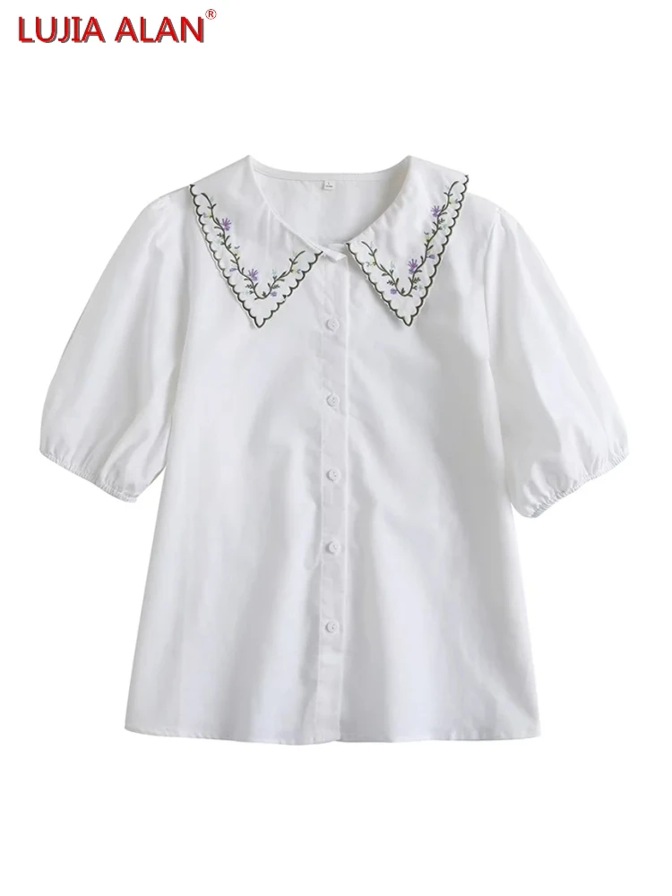 Women Flower Embroidery Turndown Collar White Shirt Summer Female Short Sleeve Blouse Loose Tops Blusas LUJIA ALAN B170
Women Flower Embroidery Turndown Collar White Shirt Summer Female Short Sleeve Blouse Loose Tops Blusas LUJIA ALAN B170