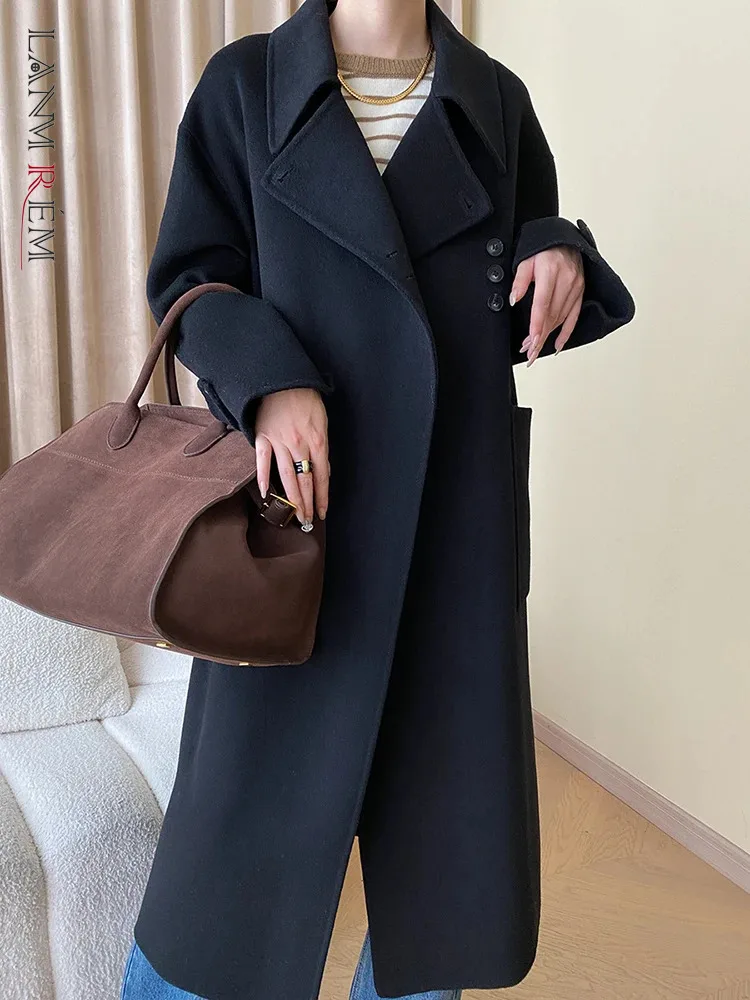 

Женское шерстяное пальто LANMREM, однобортное дизайнерское пальто с длинным рукавом, со шнуровкой, присборенной талией и отворотом, новинка зимы 2023, 26D6339
