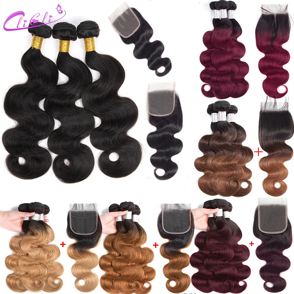 

Ombre Body Wave Bundles With Closure 4x4 Peruvian Bundles 1B/27 1B/99J Remy Hair 3 Bundles With Closure Preplucked 180 Density