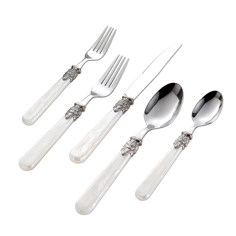 5/20pcs Vintage Cutlery Set Pearl Plastic Handle Stainless Steel Mirror Knife Fork Spoon Dessert Spoon Tableware Flatware Sets
5/20pcs Vintage Cutlery Set Pearl Plastic Handle Stainless Steel Mirror Knife Fork Spoon Dessert Spoon Tableware Flatware Sets