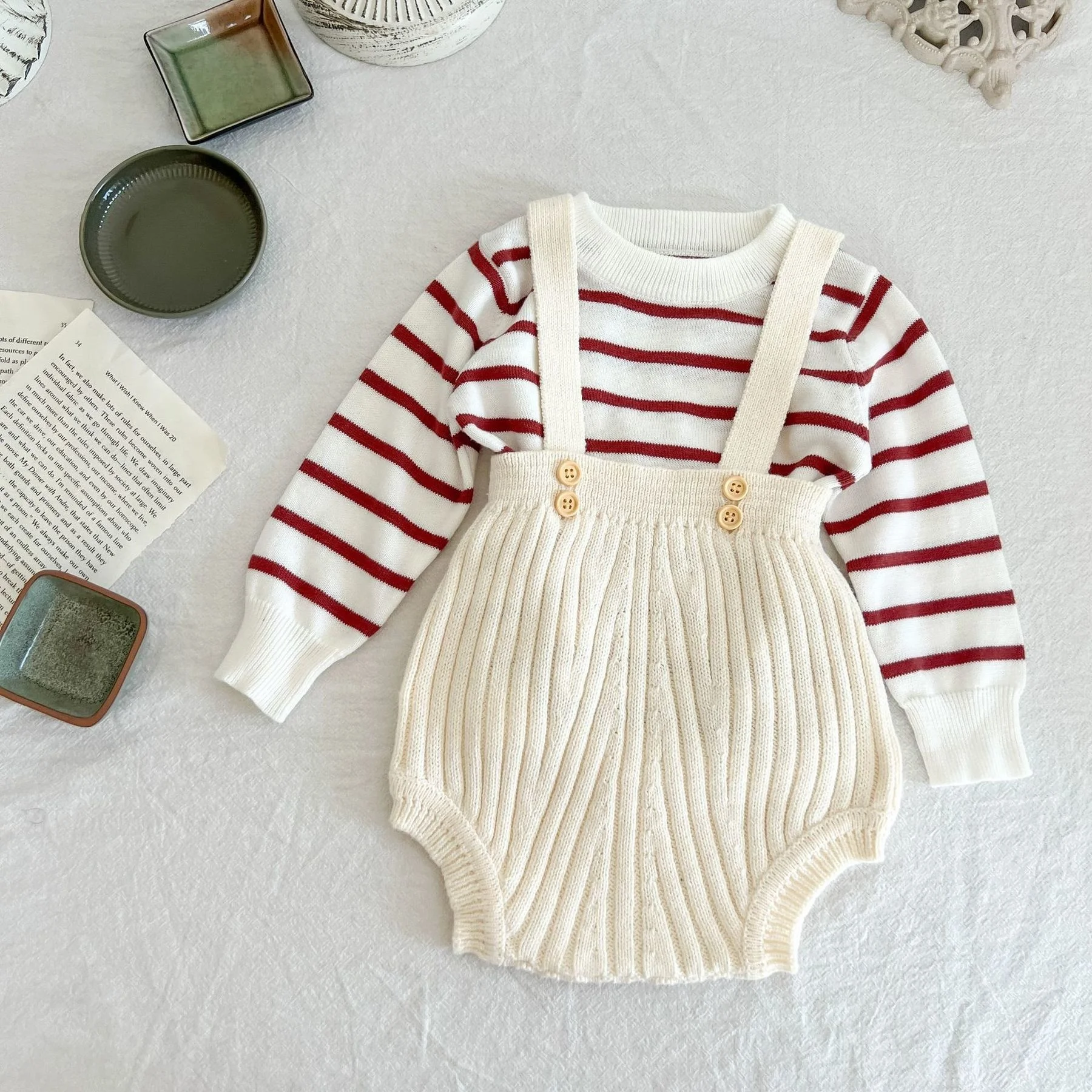 

Autumn Baby Romper Rib Striped Suspenders Knitted Jumpsuit Infant Sleeveless Sweater Romper Clothing Baby Girls Cotton Overalls