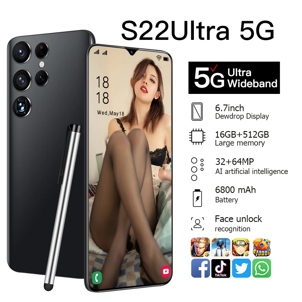 Global Version S22 Ultra Smartphone 6.7 Inch 16GB+512GB Cellphones 6800mAh 64MP Carema 4G 5G Network Android12.0 Mobile Phones
Global Version S22 Ultra Smartphone 6.7 Inch 16GB+512GB Cellphones 6800mAh 64MP Carema 4G 5G Network Android12.0 Mobile Phones