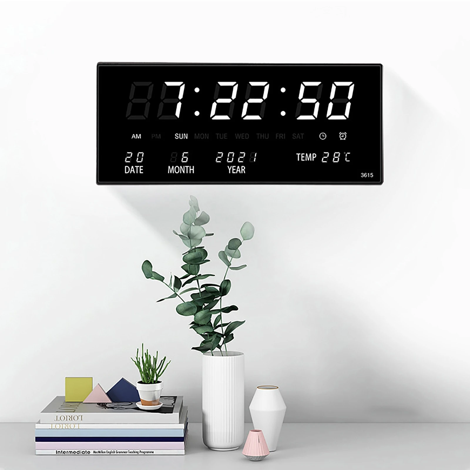 

35.8x15x2.8cm Digital Alarm Clock LED Wall Clocks Temperature Calendar Electronic Clock for Living Room Dormitory Bedroom Office