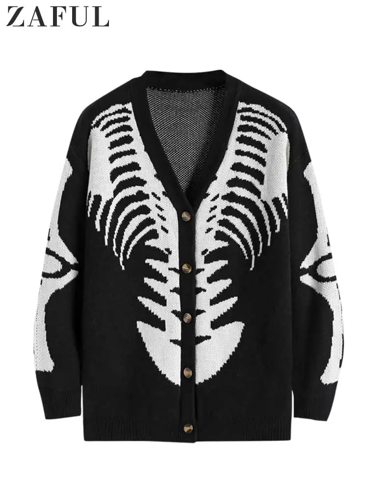 

ZAFUL Men's Sweater Cardigan for Halloween Skeleton Pattern Button Fly Cardigans Autumn Winter V-Neck Long Sleeves Sweater Coats