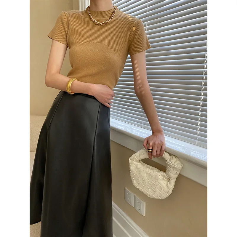Knitting Khaki Color Women Tees T-Shirt Short Sleeves Elastic Fabric Lady Cropped Tops Clothing Red/White
Knitting Khaki Color Women Tees T-Shirt Short Sleeves Elastic Fabric Lady Cropped Tops Clothing Red/White