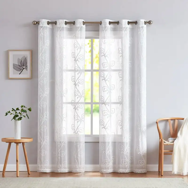 

3D Floral Chenille Embroidered Solid Sheer 76" x 84" Window Curtain Panel Pair in White