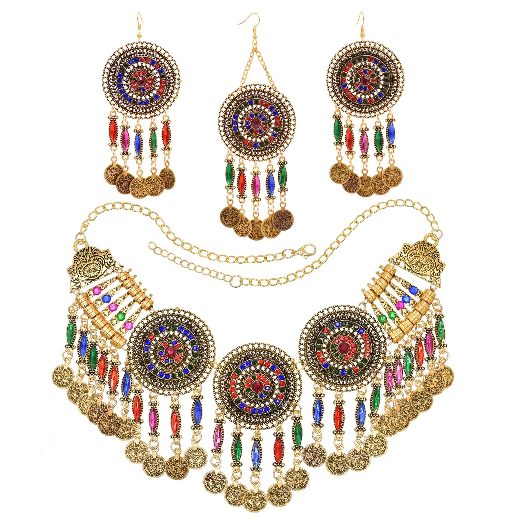 

Vintage Colorful Crystal Coins Tassel Earrings Necklace Hair Hook Gypsy Ethnic Tribal Bride Wedding Accessories Jewelry Sets