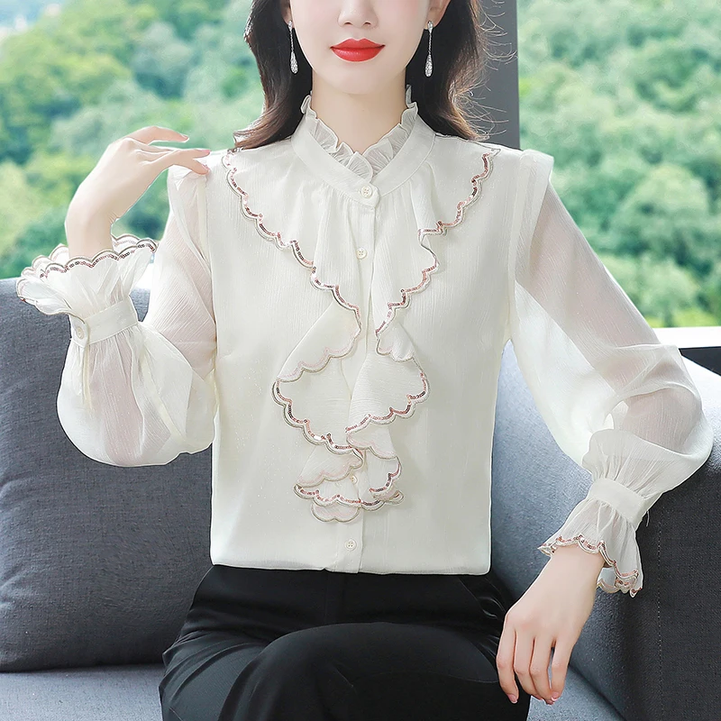 Women Clothing Solid Fashion Lace Ruffles Chiffon Shrts Office Lady Flare Sleeve Elegant Patchwork Korean Style Loose Shirt
Women Clothing Solid Fashion Lace Ruffles Chiffon Shrts Office Lady Flare Sleeve Elegant Patchwork Korean Style Loose Shirt