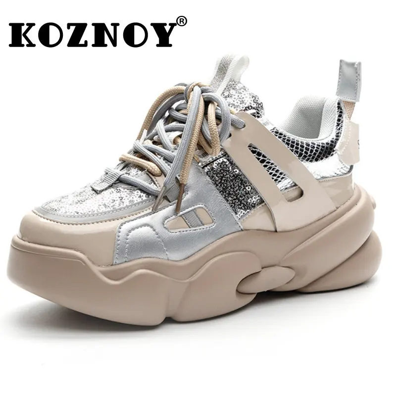

Koznoy 6.5cm Ins Tide Casual Genuine Leather Bling High Brand Chunky Sneaker Spring Autumn Platform 2023 Thick-soled Daddy Shoes