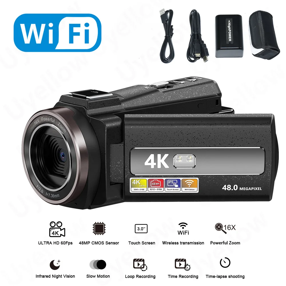 

4K Full HD Digital WIFI Camcorder 2000mAh High Capacity Battery 16MP DV Recorder 16X Night Shoot Zoom 270 Degree Rotation Screen