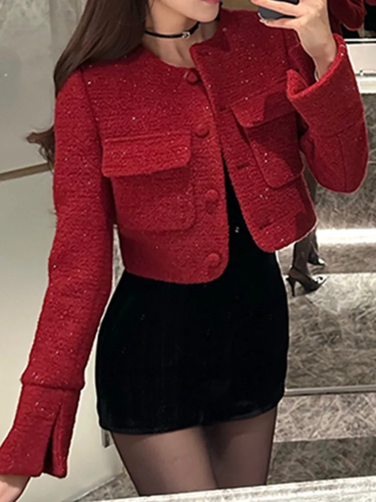 2023 Red O-Neck Shiny Woolen Small Fragrance Coat Women's Long Sleeve Temperament Celebrity High-End Tweed Top 
2023 Red O-Neck Shiny Woolen Small Fragrance Coat Women's Long Sleeve Temperament Celebrity High-End Tweed Top