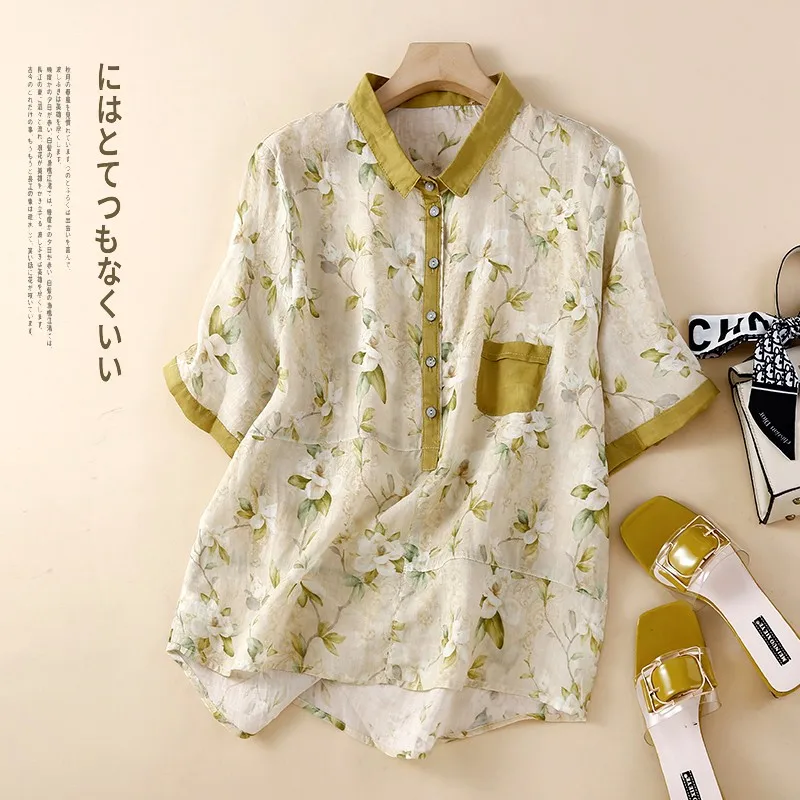 2023 Summer New Arts Style Women Short Sleeves Loose Casual Shirts Patchwork Turn-down Collar Cotton Linen Print Blouse Tops P56 
2023 Summer New Arts Style Women Short Sleeves Loose Casual Shirts Patchwork Turn-down Collar Cotton Linen Print Blouse Tops P56