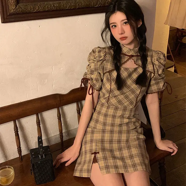 Kawaii Plaid Dress Women Summer Preppy Style Elegant Vintage Short Cheongsam Dresses Sweet Split Ruffles Lolita Sundress 2022
Kawaii Plaid Dress Women Summer Preppy Style Elegant Vintage Short Cheongsam Dresses Sweet Split Ruffles Lolita Sundress 2022