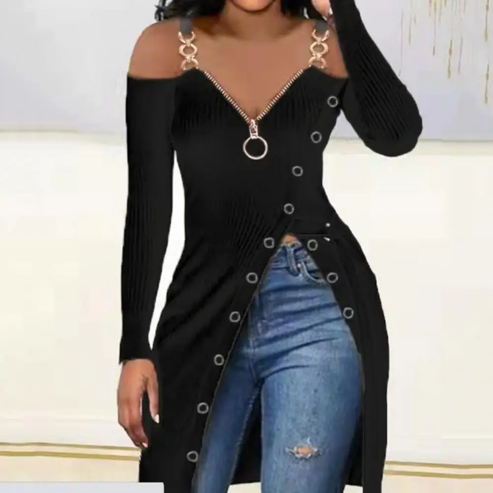 V-neck Zipper Collar Long Sleeve Buttoned Decor Waist Band Women Blouse Cold Shoulder Chain Strap High Split Long T-shirt Female
V-neck Zipper Collar Long Sleeve Buttoned Decor Waist Band Women Blouse Cold Shoulder Chain Strap High Split Long T-shirt Female