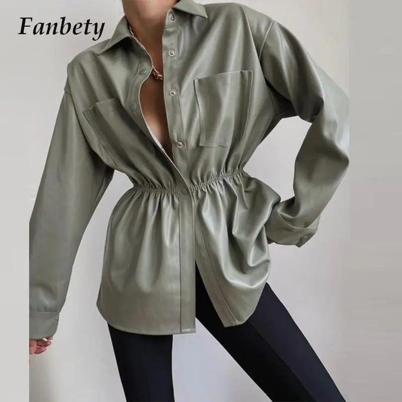 Cool Long Sleeve Solid Pleated Coat Fashion Waisted Faux Leather Single Breasted Shirts Leather Jacket 2022 Spring Women Jackets
Cool Long Sleeve Solid Pleated Coat Fashion Waisted Faux Leather Single Breasted Shirts Leather Jacket 2022 Spring Women Jackets