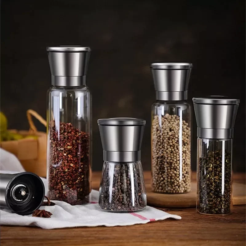 

Pepper Mill Spice Jar Seasoning Grinders Bottle Salt And Black Pepper Grinder Shakers Stainless Steel Glass Kitchen Canister Set