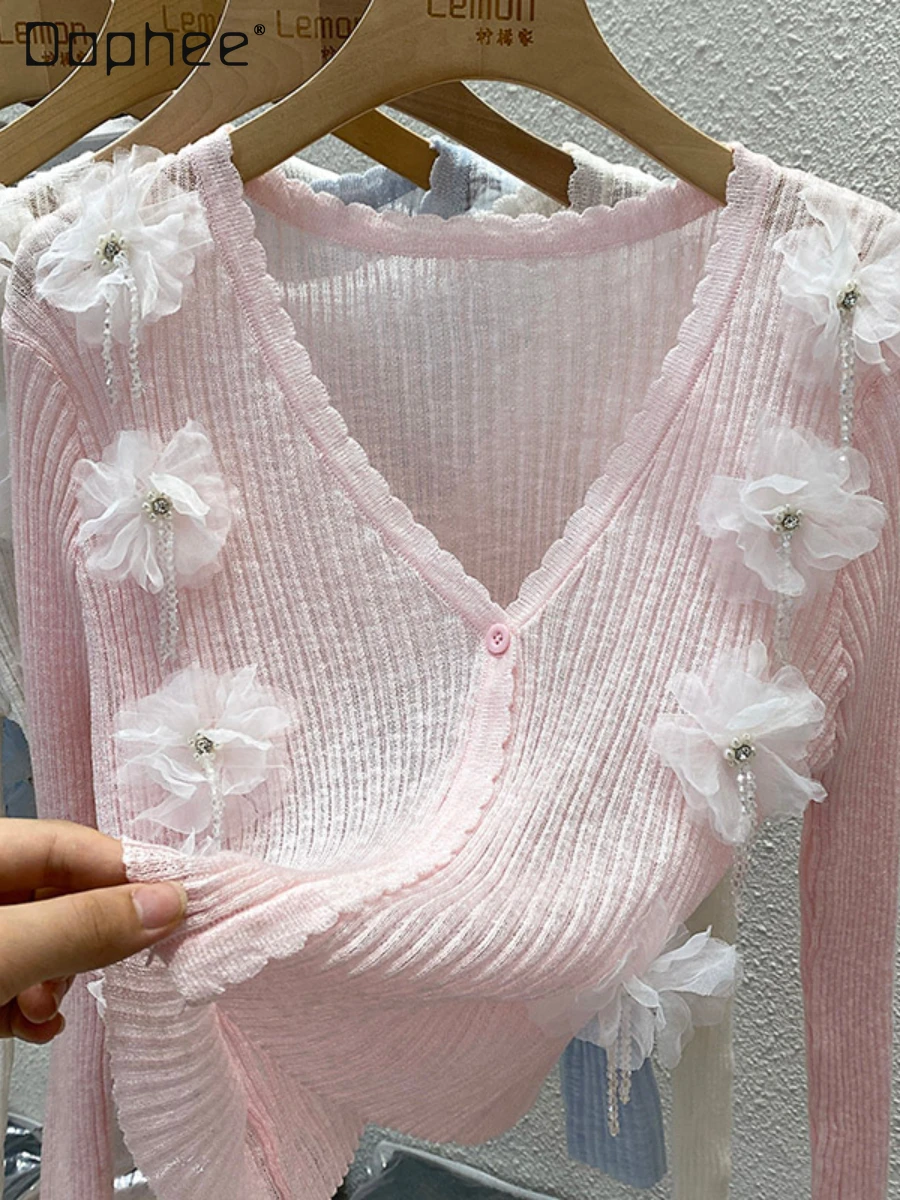 Women's Summer Ice Silk Thin Shawl Knitted Blouse Korean Style V-neck Three-Dimensional Flower Short Sun Protection Cardigan Top
Women's Summer Ice Silk Thin Shawl Knitted Blouse Korean Style V-neck Three-Dimensional Flower Short Sun Protection Cardigan Top